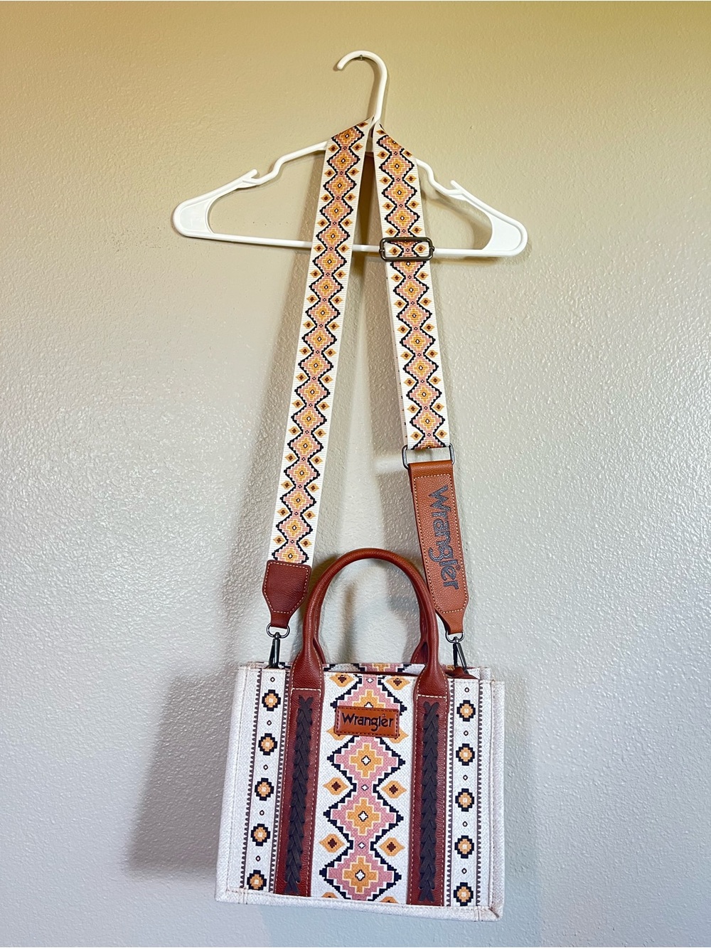 Wrangler White Canvas Crossbody Bag with Tan & Rust Embroidery